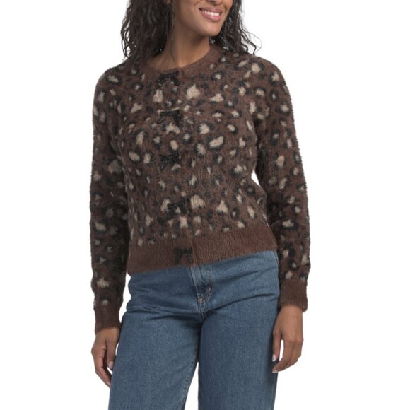 RACHEL ZOE Brown Multi Bow Button Leopard Eyelash Cardigan - Picture 1 of 2